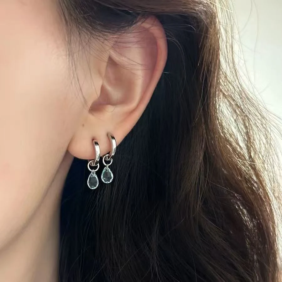 合金玻璃耳饰 Ins湖水蓝水滴耳扣 一款两戴小众设计感百搭耳饰