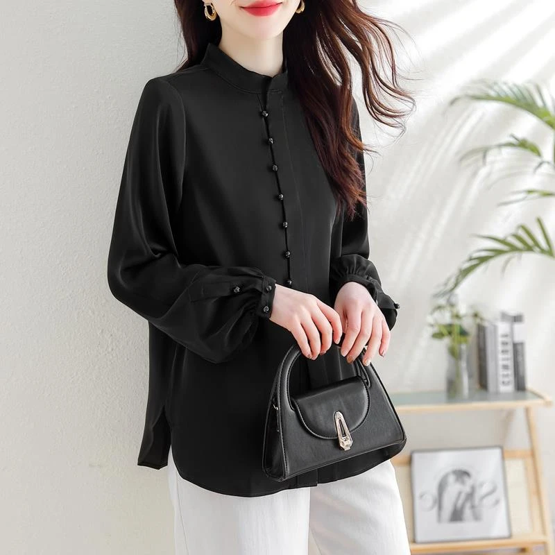 中式国风衬衫女士高级感轻奢春秋2025欧货爆款大尺码长袖黑色衬衫