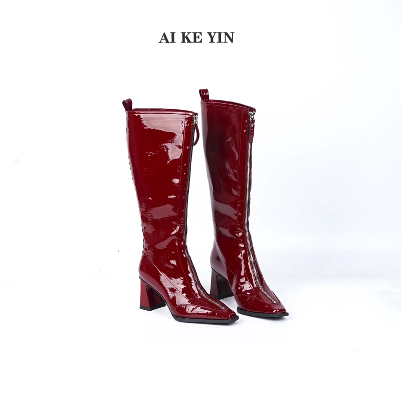 【艾珂茵】秋冬新款方头前拉链粗跟亮面时装长筒靴气质百搭时尚