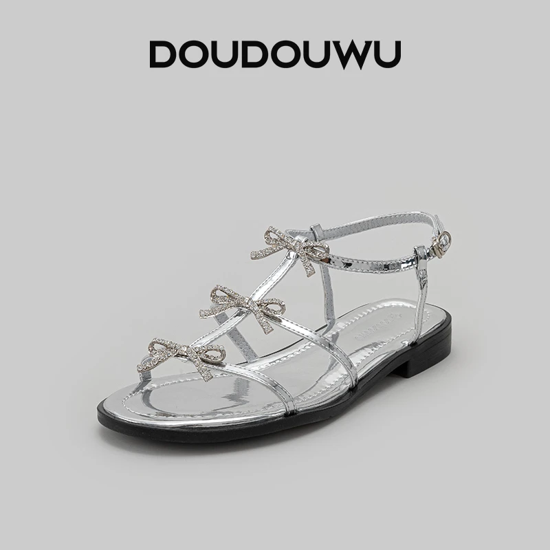 豆豆屋厚底凉鞋女外穿2025夏季新款韩版休闲一字扣带平底银色女鞋