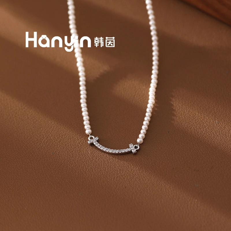 钛钢仿珍珠项链 2.5mm施家珠精致满微镶迷你微笑时尚气质项链AAA
