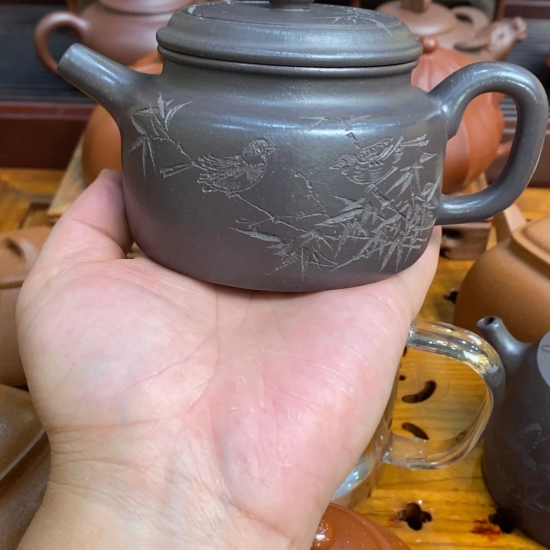 茶壶紫砂紫砂壶天青德中刻竹鸟