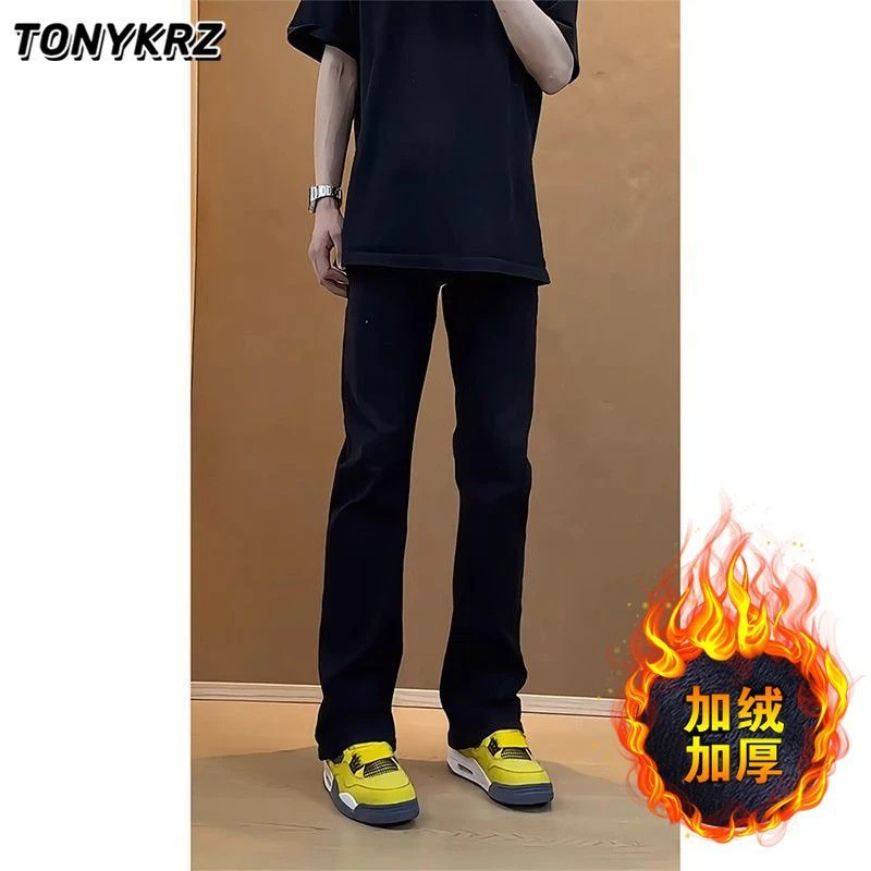 TONYKRZ黑色弯刀牛仔裤男款加绒加厚美式高街cleanfit微喇叭长裤