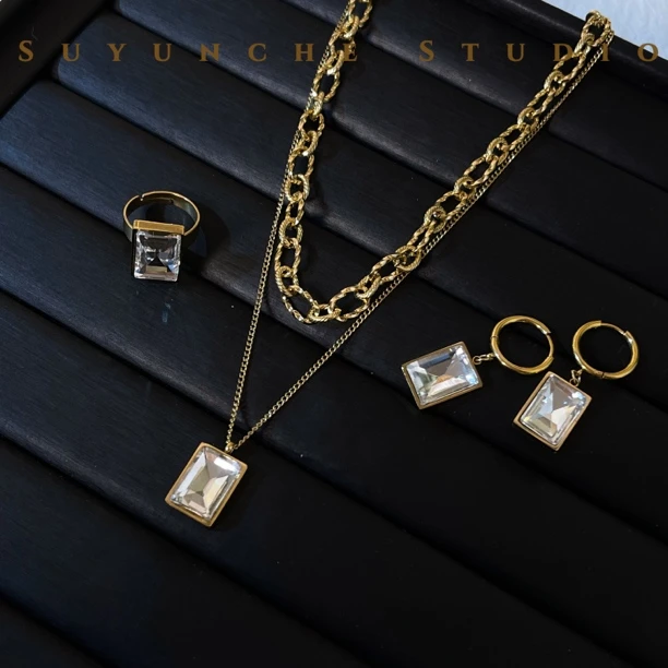钛钢项链 Suyunche115时尚新款双层叠加方形吊坠别致三件套