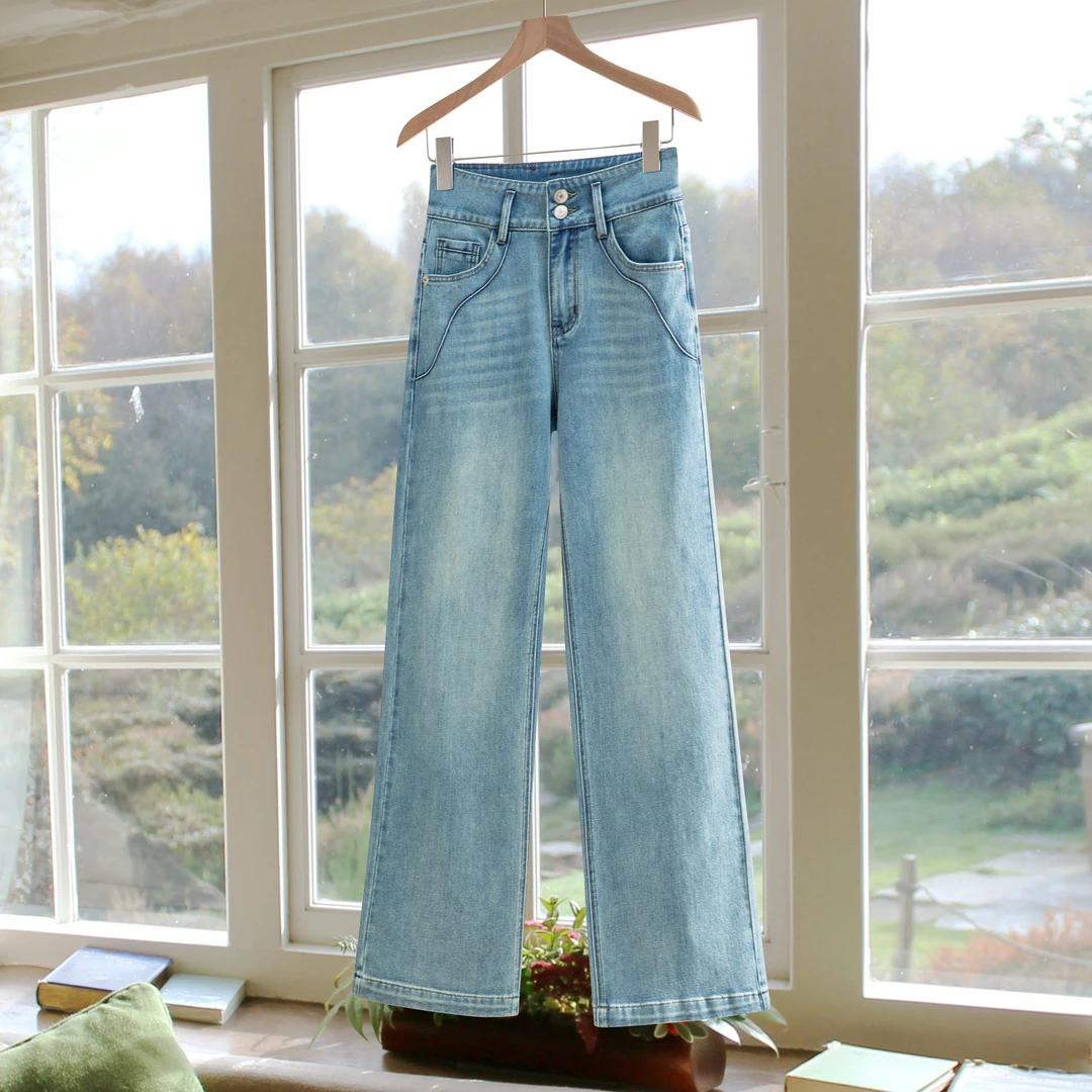 【G·H】夏季新款崧蓝双排扣薄款莱赛尔天丝凉感透气显瘦直筒牛仔裤