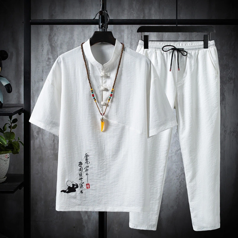 亚麻套装男款夏季冰丝短袖t恤中国风棉麻男装新中式刺绣唐装汉服