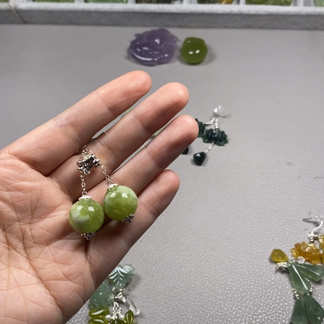 蛇纹石玉银S925镶嵌挂件耳饰耳环项链