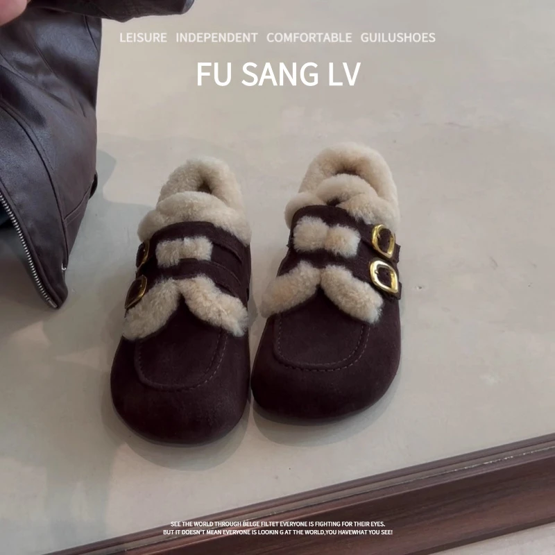 羊皮版~2025秋冬新款复古圆头时尚双排扣带加绒毛毛深口勃肯鞋女