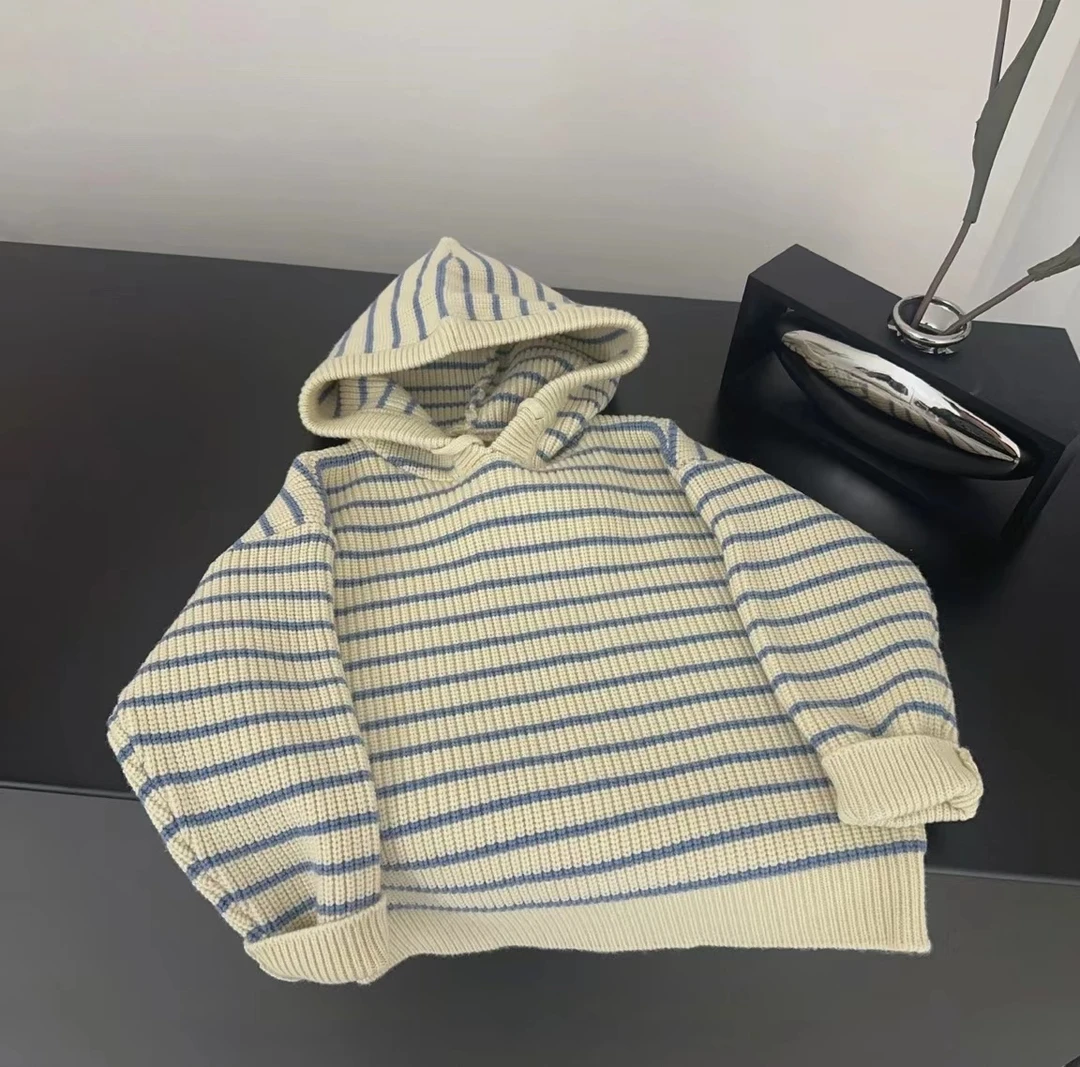 高品质儿童新款韩版条纹连帽毛衣韩版宽松休闲百搭针织衫外套潮A