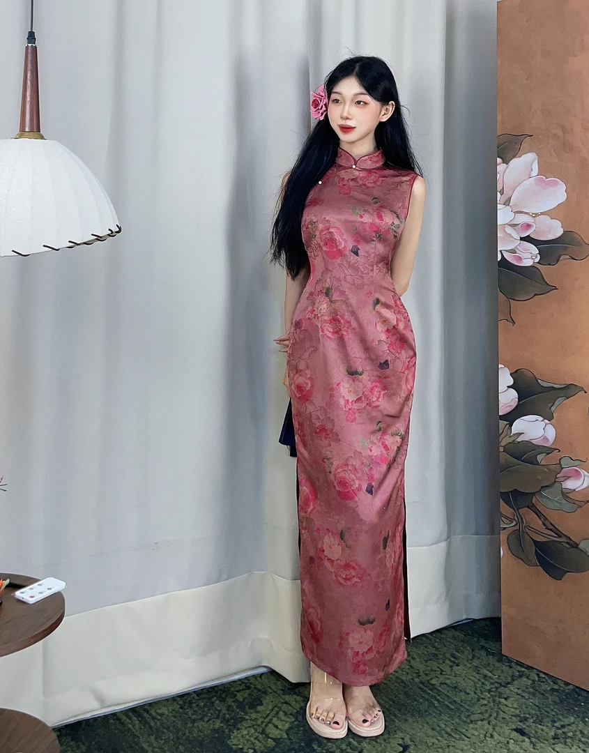 秋辞香~玉琢粉妆 港工提花优雅缎面气质复古港风旗袍无袖中国风