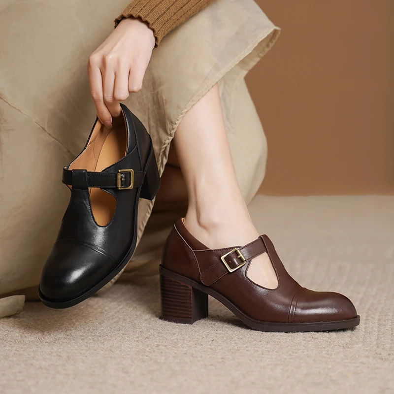 头层牛皮/跟高6CM/春季复古单鞋百搭真皮粗跟高跟丁字单小皮鞋女