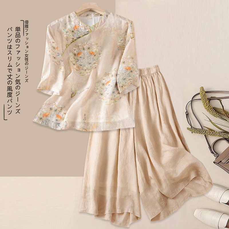 亚麻国风套装女妈妈夏装大码时尚亚麻苎麻新中式上衣阔腿裤两件套