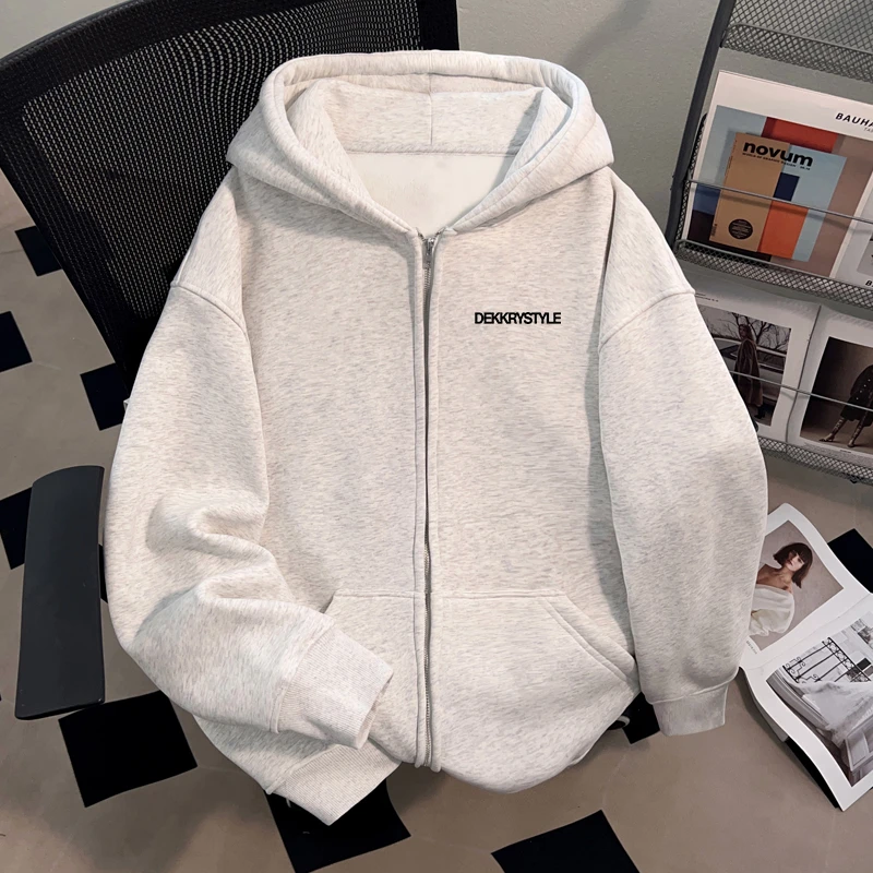 Dekkry秋冬加厚连帽开衫卫衣男女创意字母印花港风宽松情侣装外套