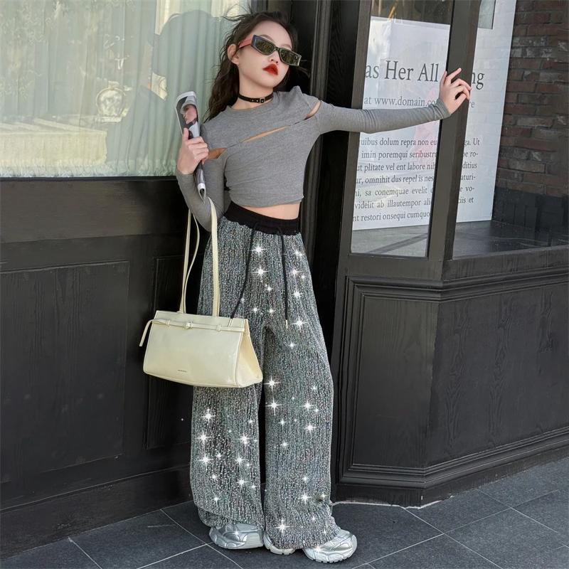 【酷哒仔】女童时髦亮钻阔腿裤套装2025春秋新款中大童爵士舞两件套