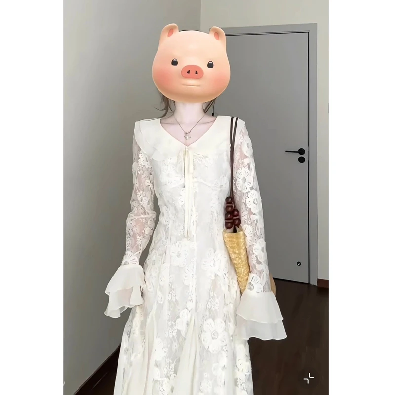 MO88ZSPF大码【油画栀子】气质杏色长袖连衣裙春夏新款法式鱼尾裙