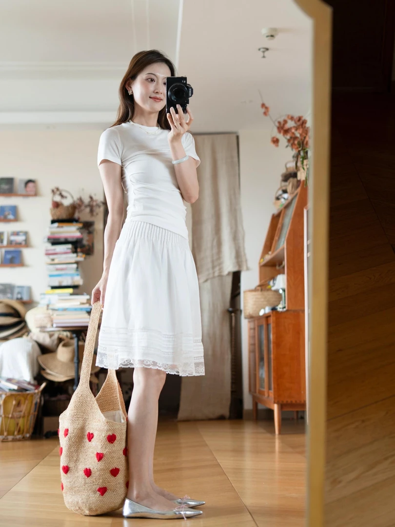 2025夏季新款韩系甜美减龄通勤收腰短袖上衣压褶蕾丝边白色半身裙