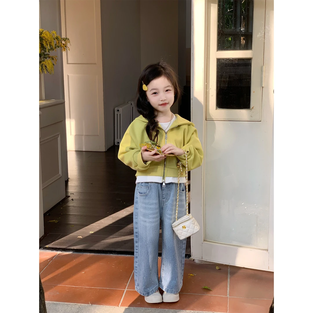 小粉象 ·春季新款女童洋气撞色连帽外套渐变牛仔裤套装