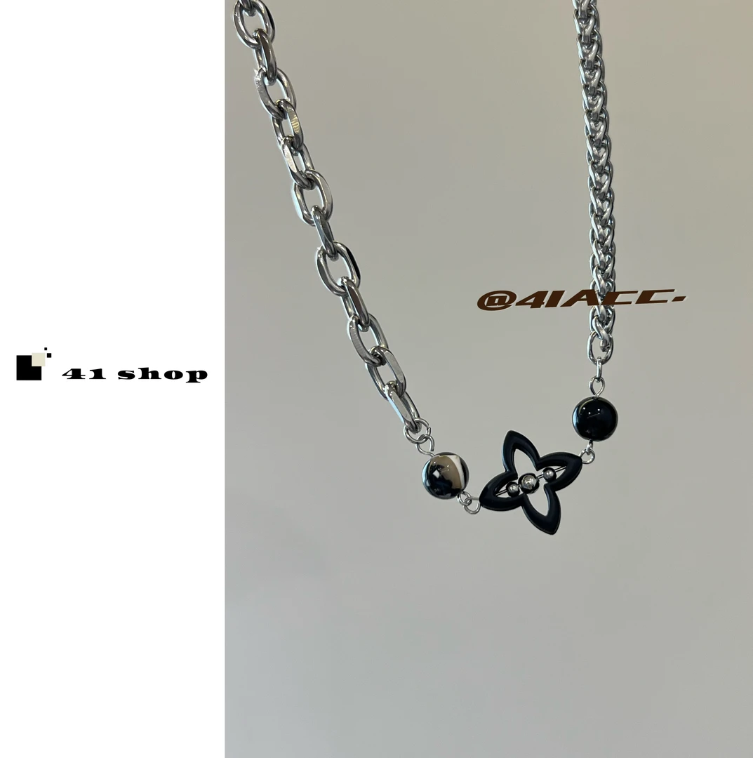 铜合金项链 B-1黑色镂空十字花吊晕染珠珠AB链条项链