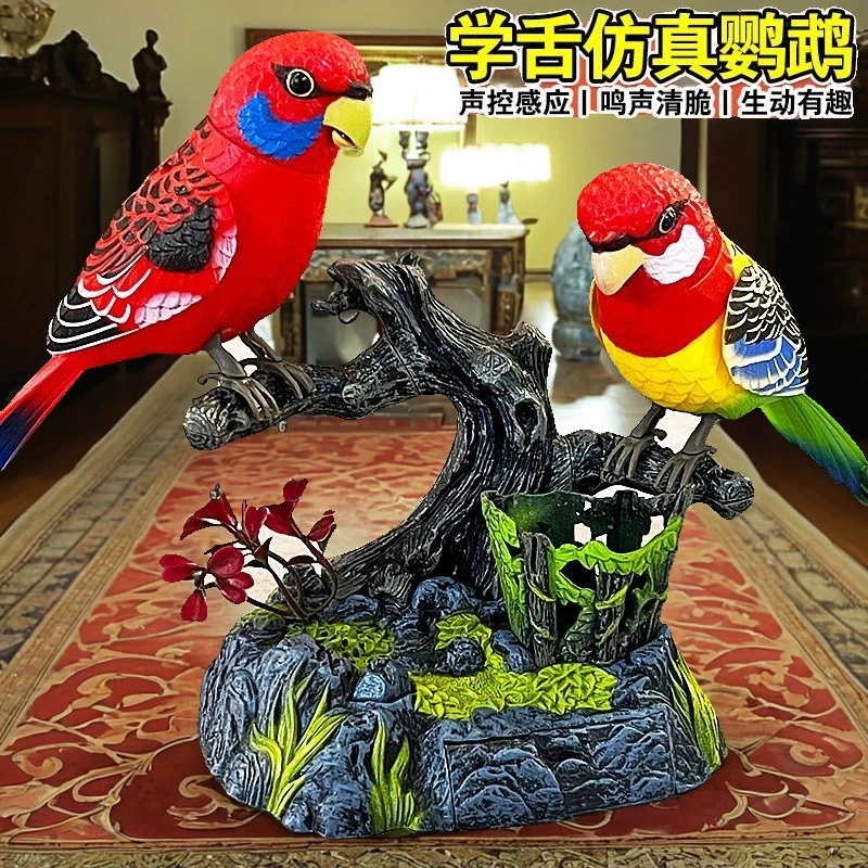 充电可选仿真小鸟摆件带声控感应能动能叫桌面玄关办公桌装饰品