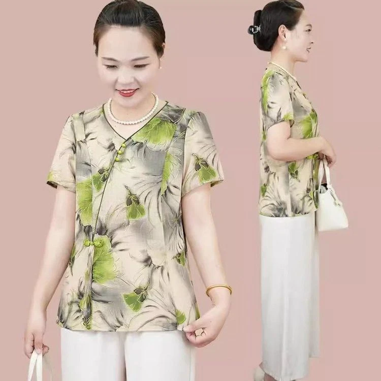 妈妈装夏装V领碎花短袖宽松雪纺衫中年女时尚大码国风印花T恤上衣