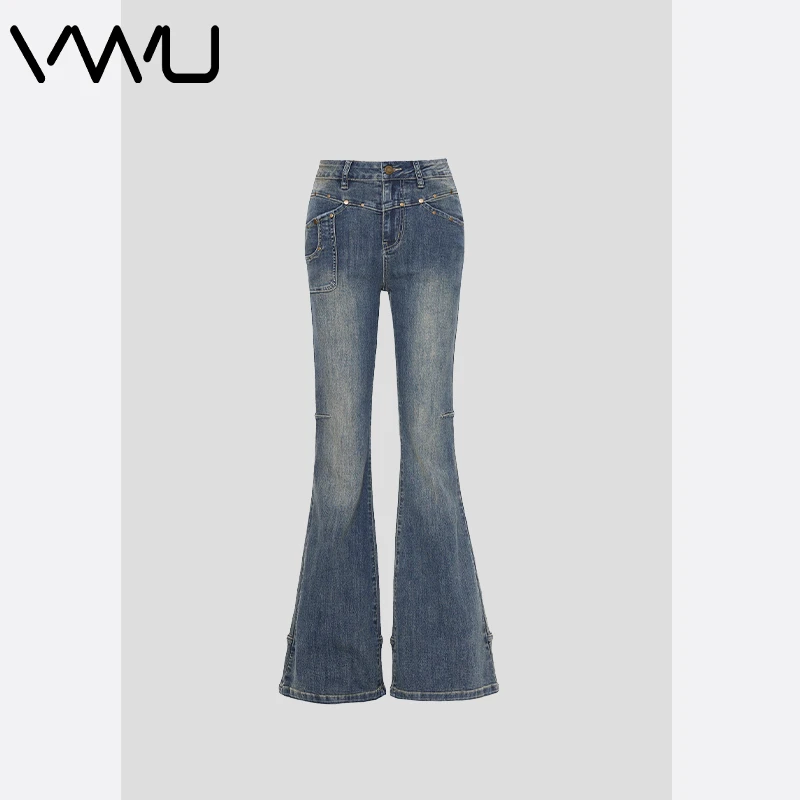 VWU 美式复古微喇叭牛仔裤女新款高腰显瘦拖地直筒阔腿马蹄长裤子