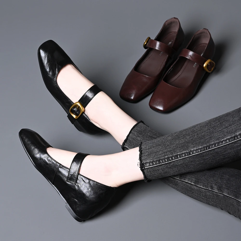 头层羊皮春秋新款时尚方头浅口一字扣带内增高粗跟百搭舒适单鞋女