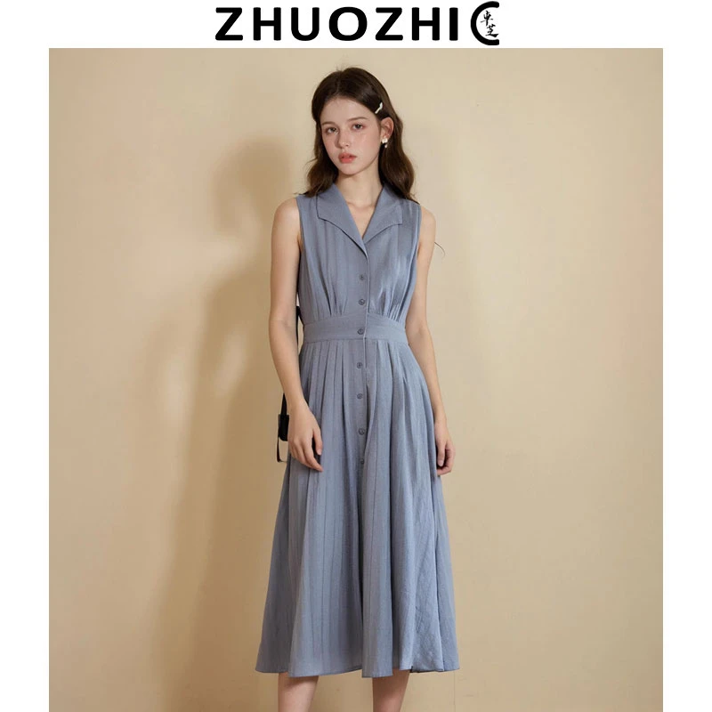 卓芝法式蓝色翻领单排扣连衣裙2025夏季新款收腰显瘦百搭中长裙