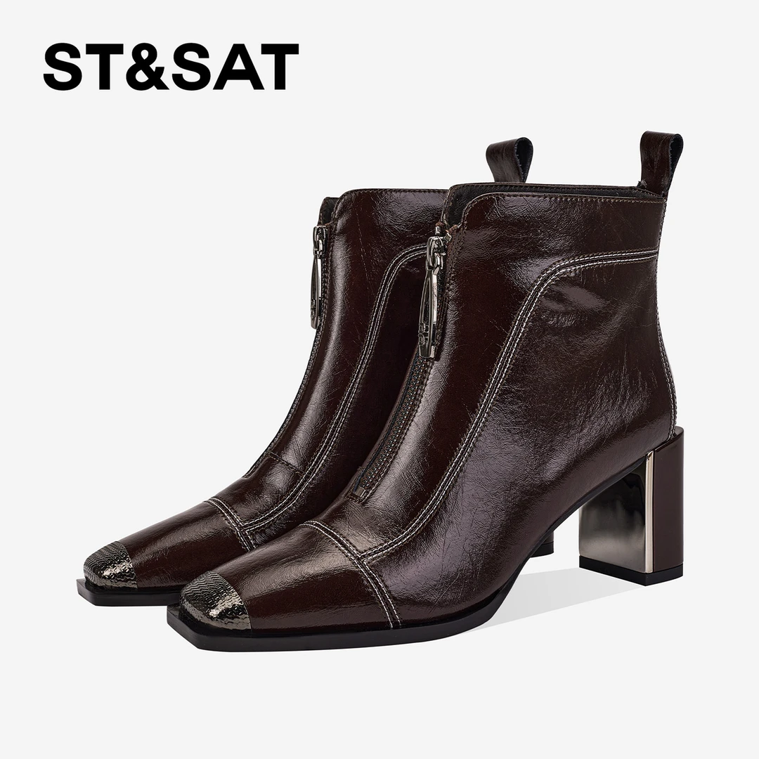 St&Sat/星期六百搭复古时装靴法式方头粗跟秋冬前拉链气质女靴