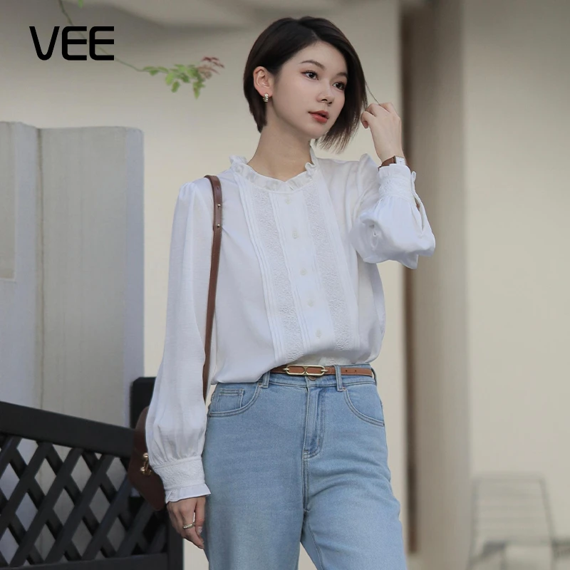 VEE【温柔欧尼】木耳花边立领白色长袖衬衫女气质风琴压褶上衣