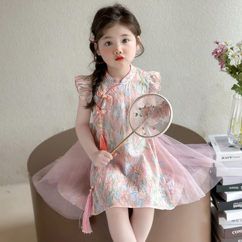 新款女童夏季改良汉服洋气宝宝连衣裙中国风薄款旗袍裙子帅气时髦