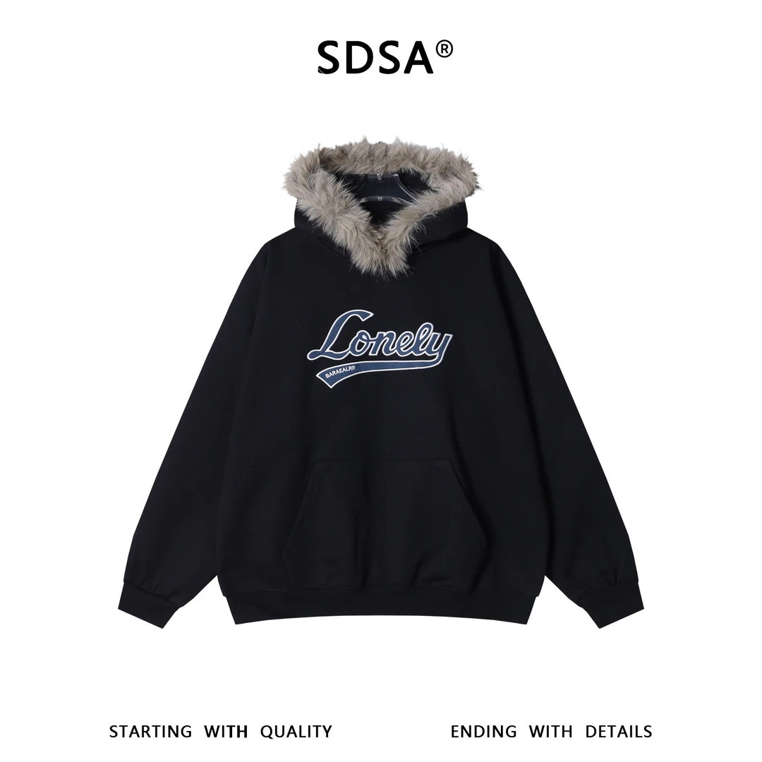 SDSA男士秋冬新款痞帅男装美式潮牌刺绣字母毛领连帽卫衣百搭时尚