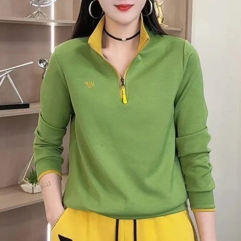 时尚半拉链撞色立领卫衣女2025春季新款妈妈休闲百搭宽松弹力上衣