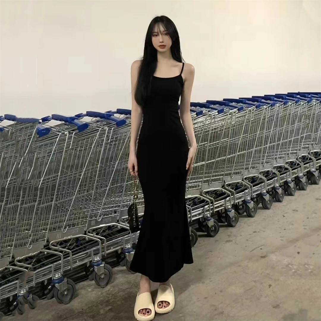 辣妹收腰显瘦背心吊带连衣裙纯欲过膝包臀鱼尾紧身打底秋冬长裙子