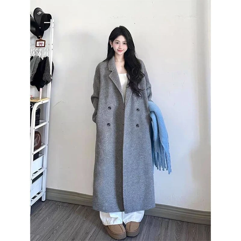 灰色双面毛呢呢大衣秋冬新款宽松大衣中长款加厚外套