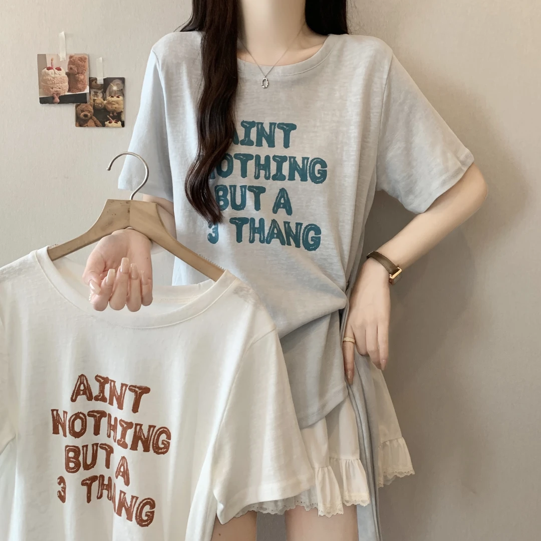 2025新款夏季薄款韩系短袖T恤大码女装胖mm宽松遮肚绑带小衫上衣