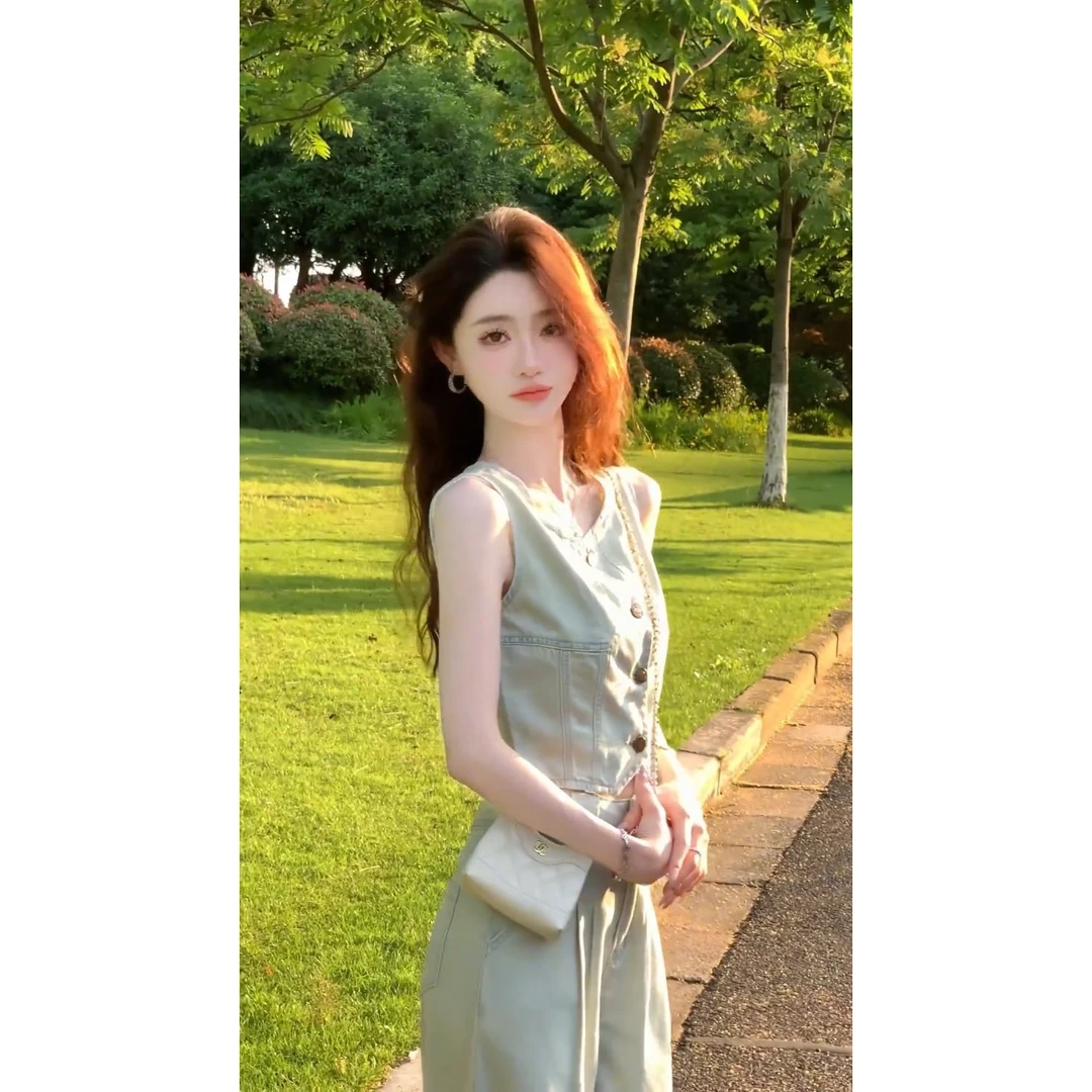 西恩定制淡颜牛仔设计感马甲背心宽松阔腿牛仔套装夏季无袖女装