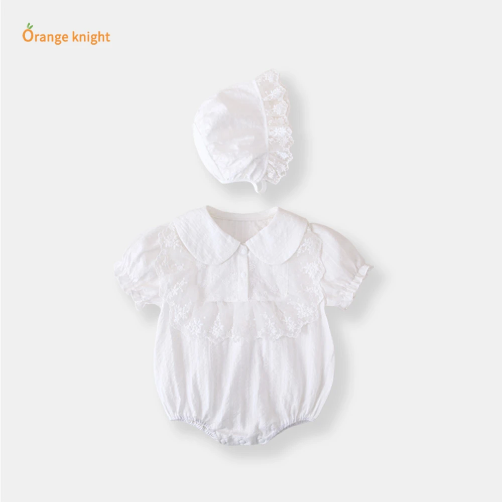 婴儿新款夏日蕾丝花边短袖新生女宝宝娃娃领连体衣爬服公主裙夏季
