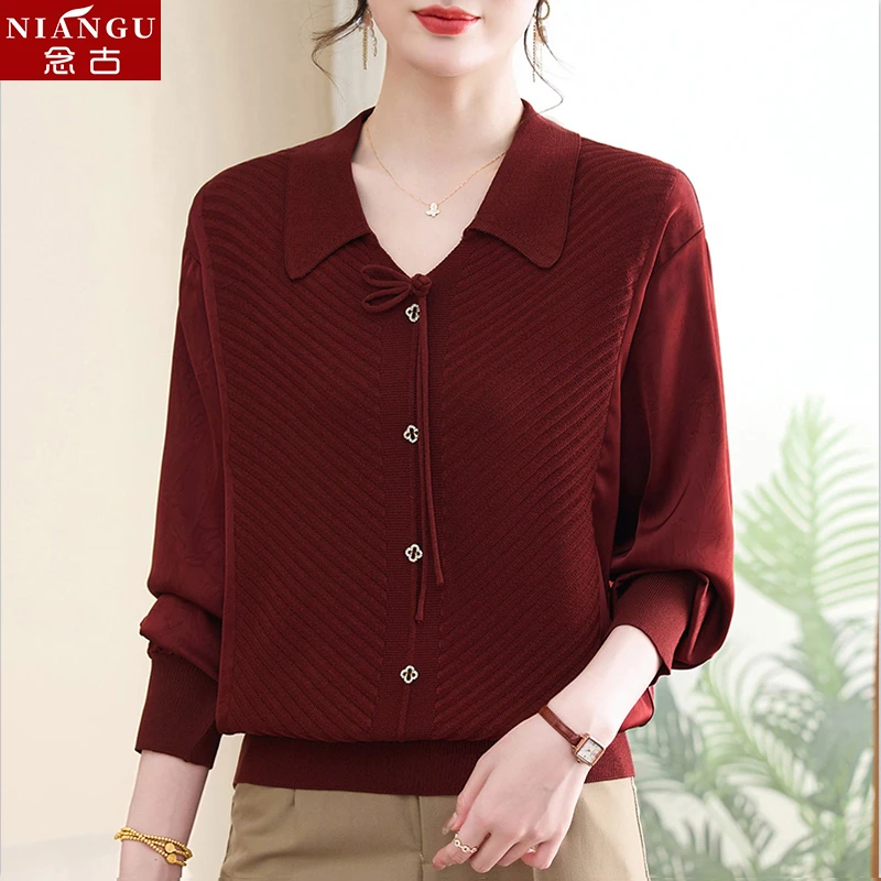 新中式冰丝针织衫上衣女春秋妈妈装薄宽松t恤中老年女翻领打底衫