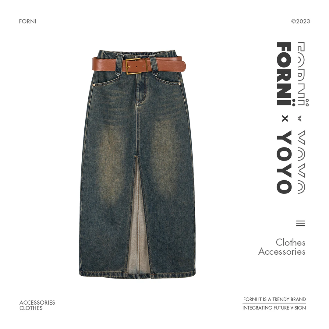 FORNI 漫游日记 气质前开叉时尚高阶直筒宽腰带牛仔半裙