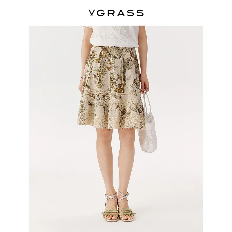 VGRASS维格娜丝25年夏季新款亚麻棉混纺小A蓬蓬裙VSB2Q2616C