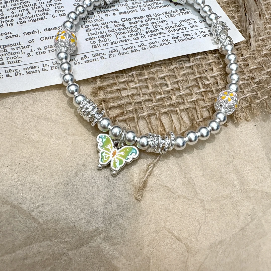 足银手链 古法镂空花筒盘缠蝴蝶足银手串