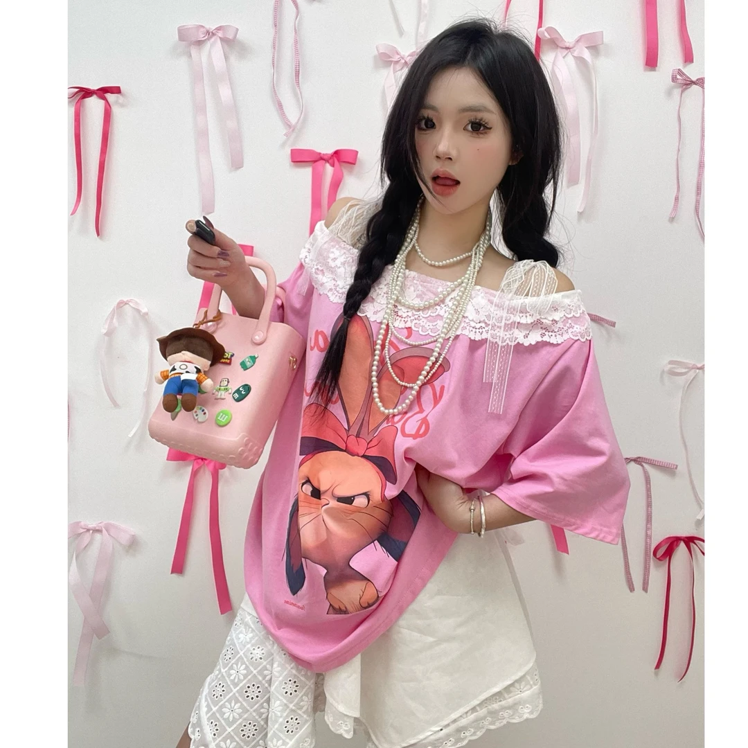 微胖大码宽松休闲百搭T恤夏季甜美少女卡通印花狗狗重工蕾丝上衣