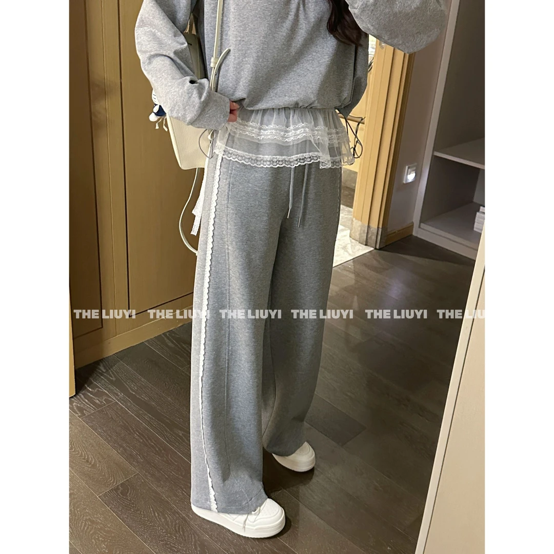 【LIUYI】蕾丝卫裤~春季拼接蕾丝直筒休闲裤52258