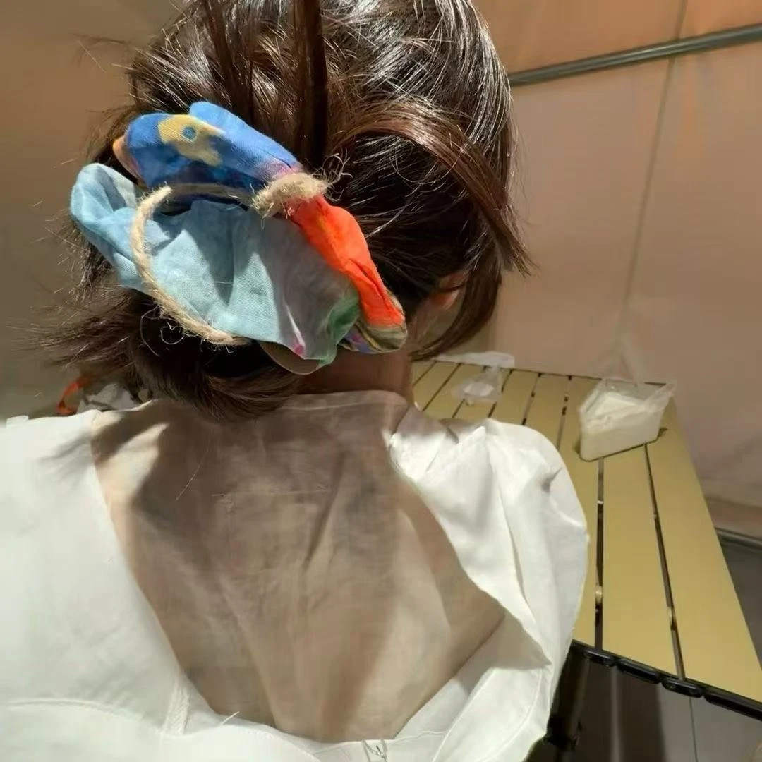 波西米亚风文艺复古原创不规则拼接苎麻手工大肠发圈绿蓝黄色发圈