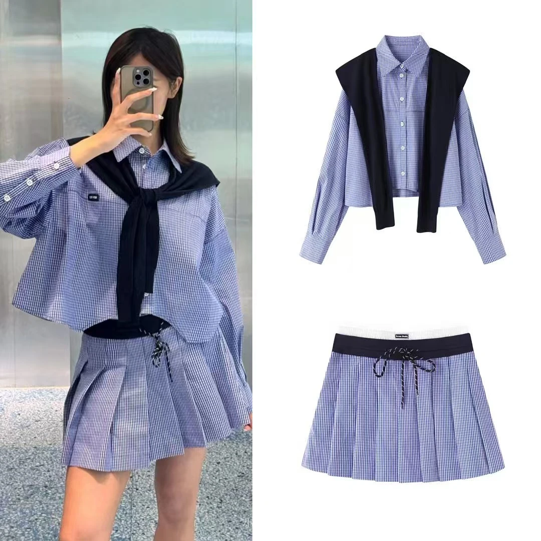 【J008】25秋季新品藏青毛织披肩格纹衬衫套装