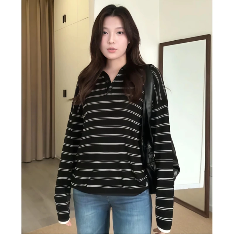 大码微胖MM休闲慵懒风条纹长袖T恤女秋季新款polo领宽松休闲上衣