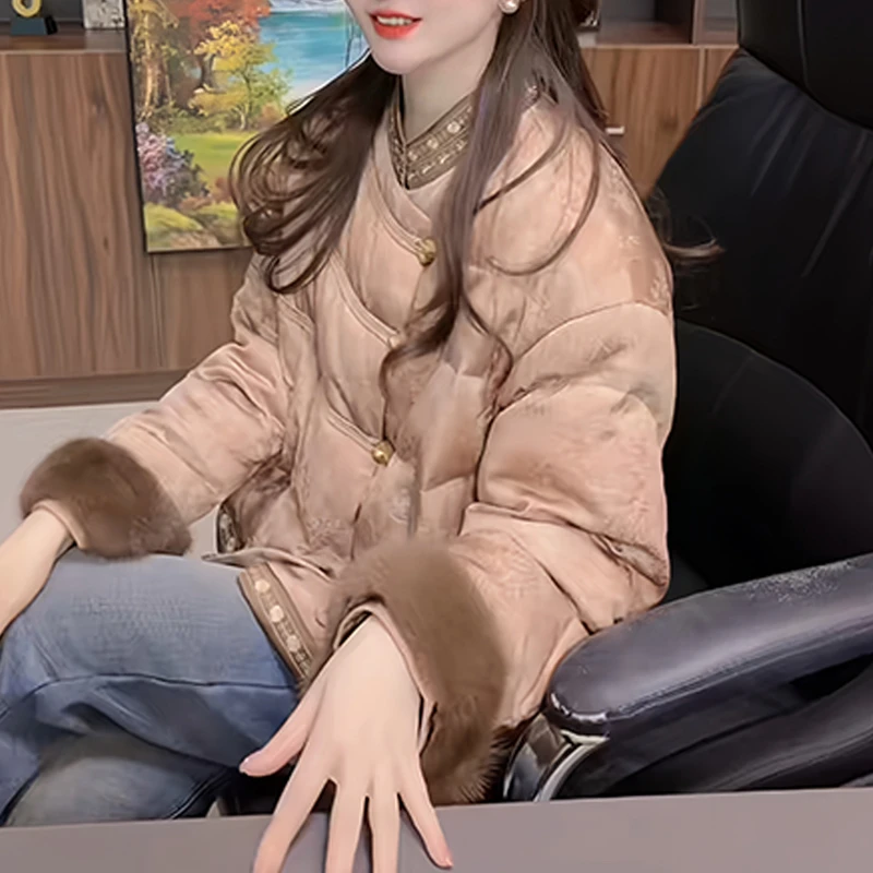 韩版时尚高级感拼色百搭棉服女2026冬季新款小众洋气圆领显瘦外套