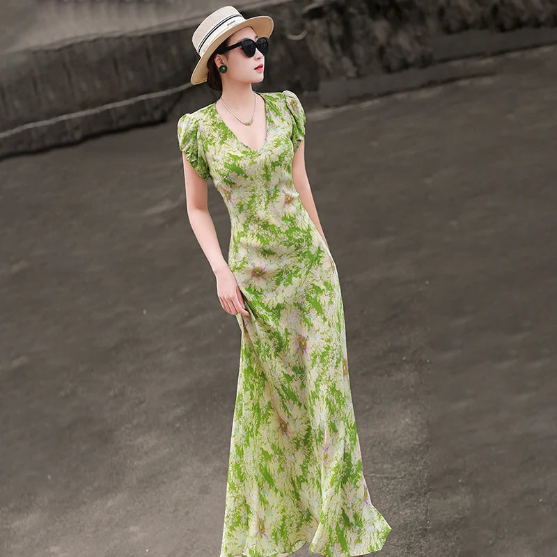 MEXCOCO/兰瑟儿夏季新款清新度假风V领收腰显瘦印花裙105XL2851