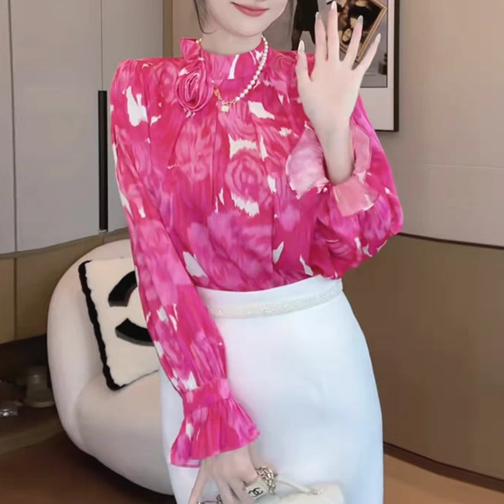 重磅真丝弹力双乔水墨晕染压褶玫瑰长袖衬衫上衣ZKC39