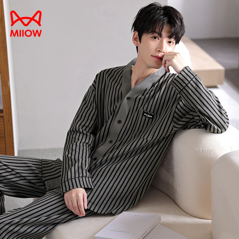 猫人经典睡衣男春秋纯棉长袖家居服2025新款条纹套装MLS-B11004C